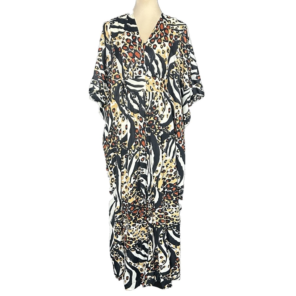 Vtg Womens Leopard Animal Print Batwing Sleeve Cinched Waist Maxi Kaftan SML